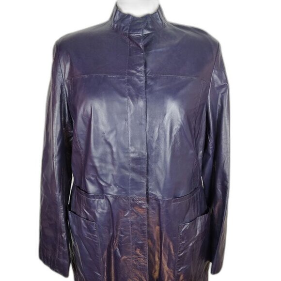 Retro Danier Purple Full Length Leather Coat  Lined Stand-up Collar Size 12 Y2K - Picture 9 of 13